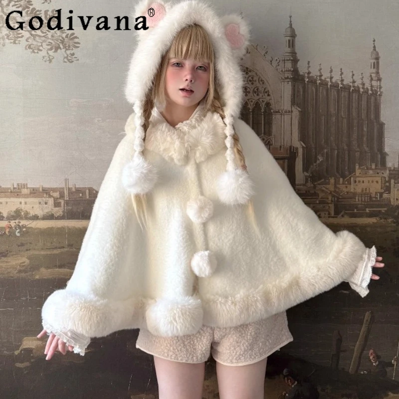 

Original Japanese Cute Girls Sweet Hooded Cloak Winter 2025 Women's Kawaii Rabbit Ears Warm Plush Shawl Capes Lolita Y2K Ponchos