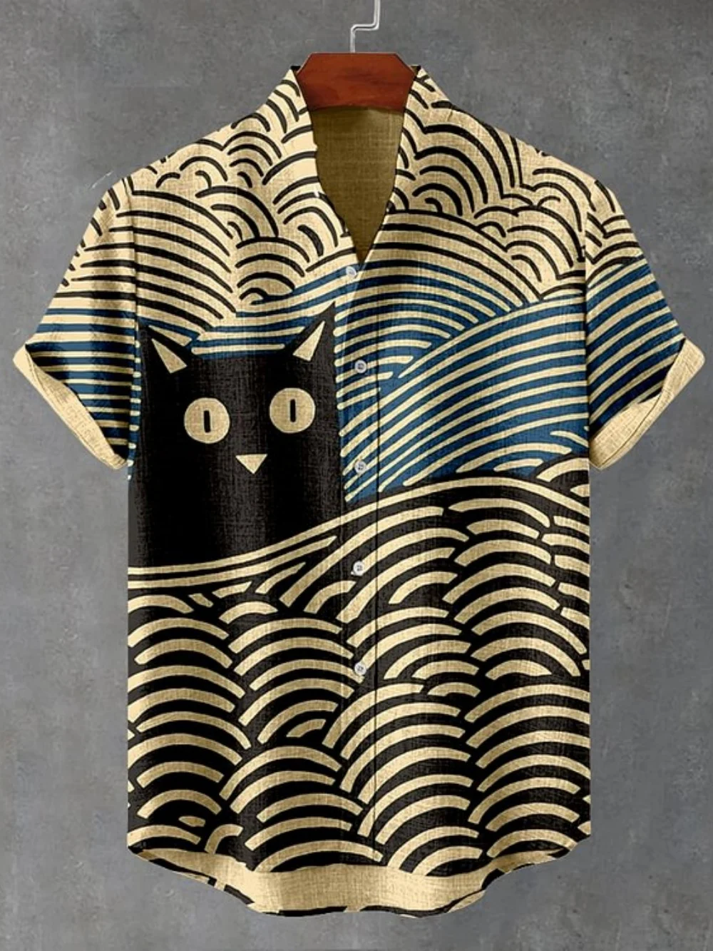 남성용 반팔 스탠드 칼라 셔츠, 일본 복고풍 아트 프린트 버튼 업 셔츠, 남성용 플러스 사이즈 리넨 셔츠 XS-5XL