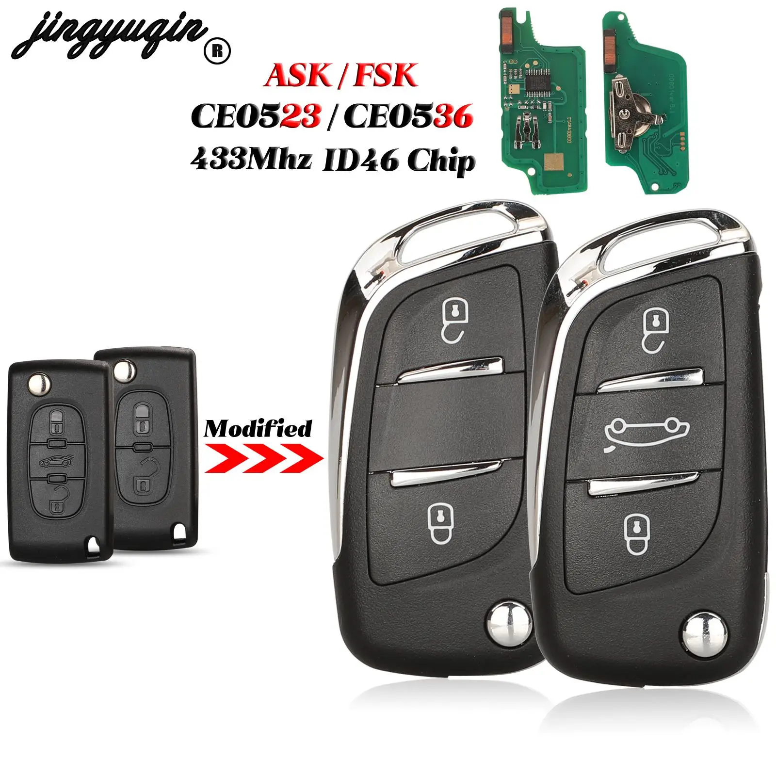 jingyuqin 433Mhz ASK/FSK Filp Remote Key ID46 For Peugeot 207 Partner Citroen C2 C3 C4 C5 Berlingo Picasso CE0523 CE0536 fob