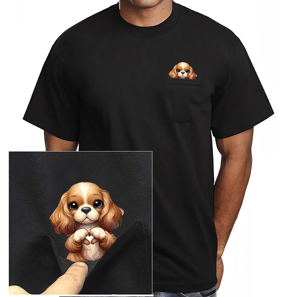 CLOOCL Charles King Dog Cotton T-Shirts Puppy Hand Heart Gesture Print Pocket T-shirt Men Women Short Sleeve Shirts Hip Pop Tops