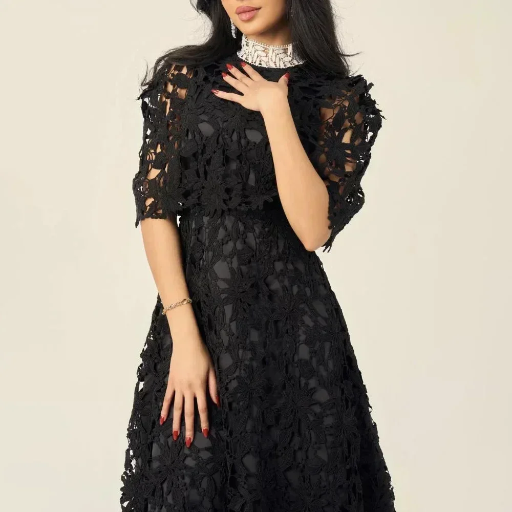 Clássico padrão de renda lantejoulas a linha o-pescoço midi vestidos de baile requintado estilo moderno vestidos de festa para mulher personalizado