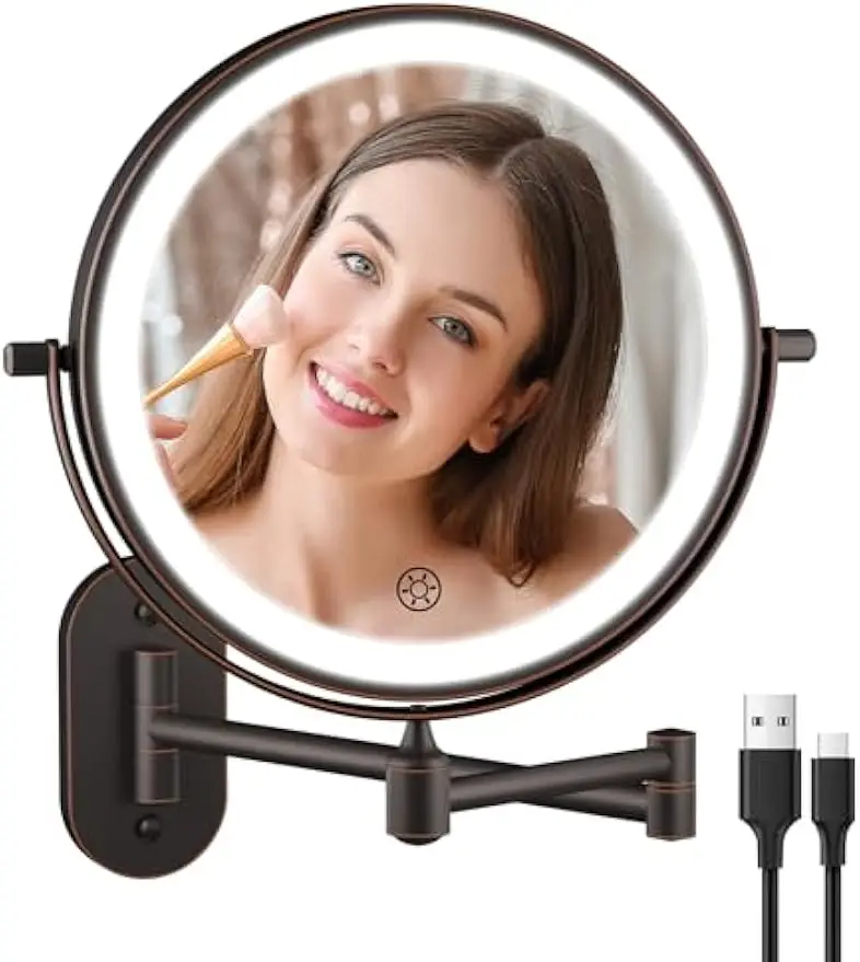 

5000mAh Rechargeable Wall Mounted Makeup Mirror with 3 Color Lights, 1X/30X Magnification, Touch Dimming & 360 Rotation