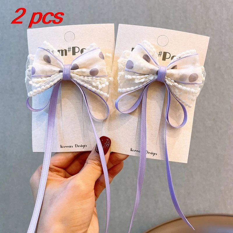 2-teiliges Damen-Haarspangen-Set, gepunktetes Garn, Spitze, Schleife, Band, niedlich, Kawaii, süße Haarnadeln, modische Haar-Accessoires für Kinder