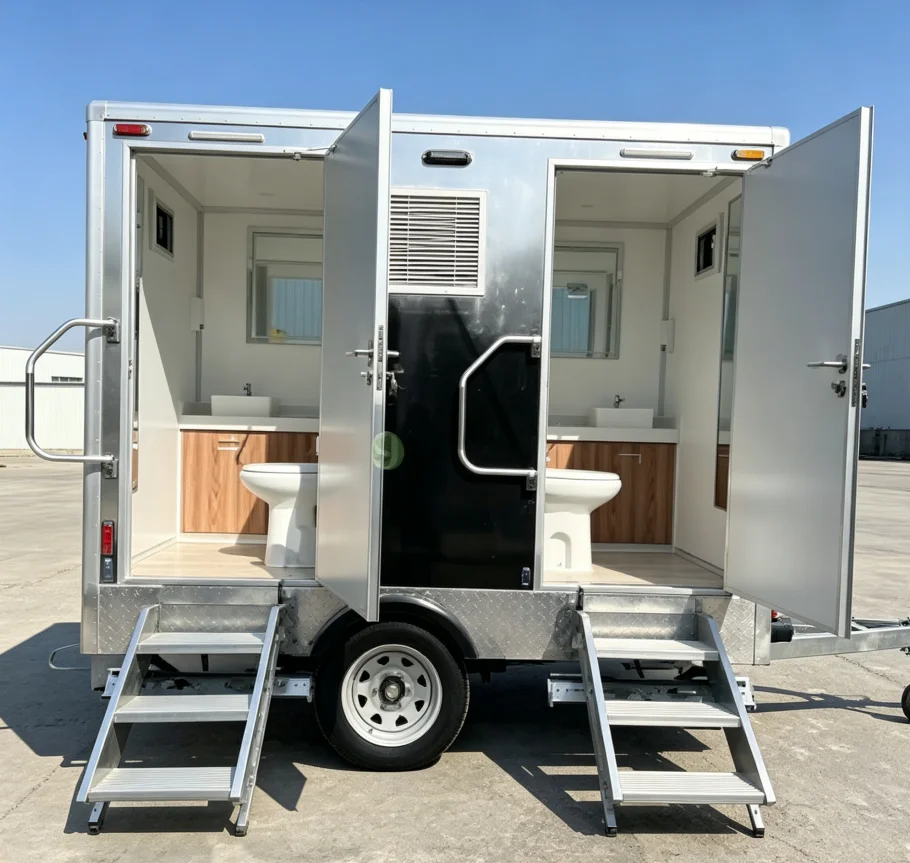 Portable Restroom with Sink Mobile Restroom Toilet 2 Stalls Mobile Toilet Trailer Luxury Quality for Sale