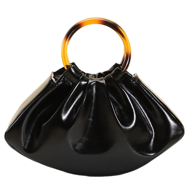 

Ретро масляная кожаная плиссированная сумка из искусственной кожи, акриловая круглая ручная женская сумка, модный дизайн, маленькие сумки для женщин