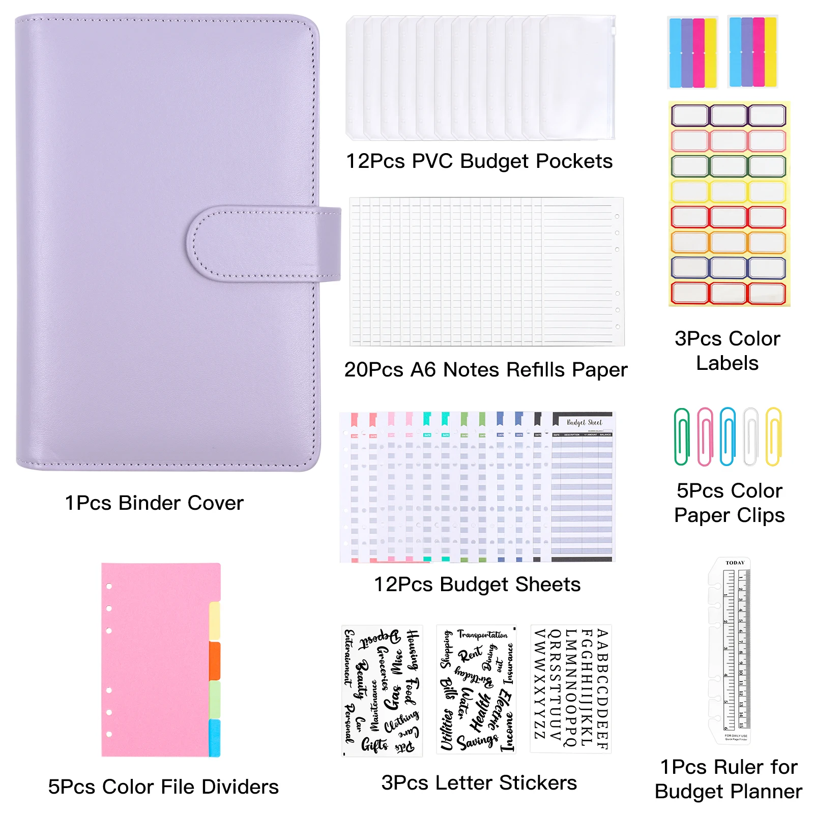 62pcs/set A6 Leather Ring Binder Notebook,with File Dividers,Budget Sheets,PVC Envelopes,Label,Paper Clips,Organiser with Pocket