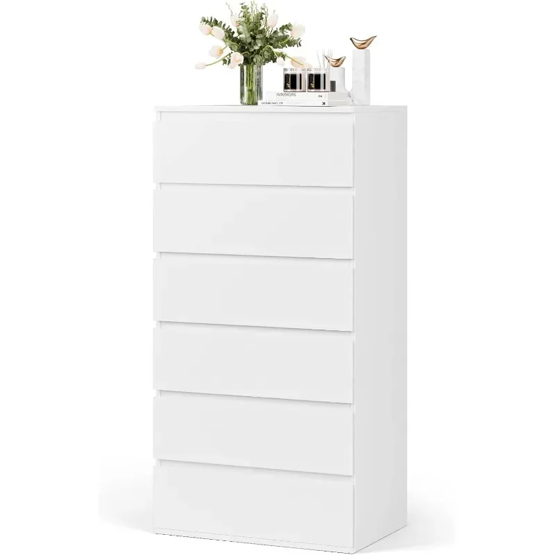 6 Drawer Dresser, Modern Tall Floor Storage Cabinet with Metal Sliding Rail, Wooden Handleless Drawer Cabinet for Home & Office