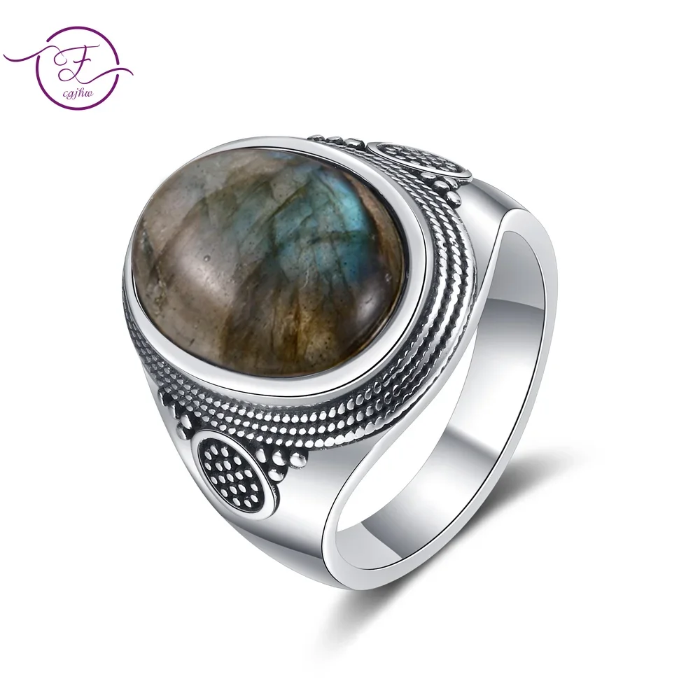 S925 Sterling Silver Rings Large Natural 10x14MM Labradorite Ring for Women Men Silver Party Jewelry Tiger Eye Turquoise Lapis