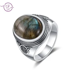 S925 Sterling Silver Rings Large Natural 10x14MM Labradorite Ring for Women Men Silver Party Jewelry Tiger Eye Turquoise Lapis