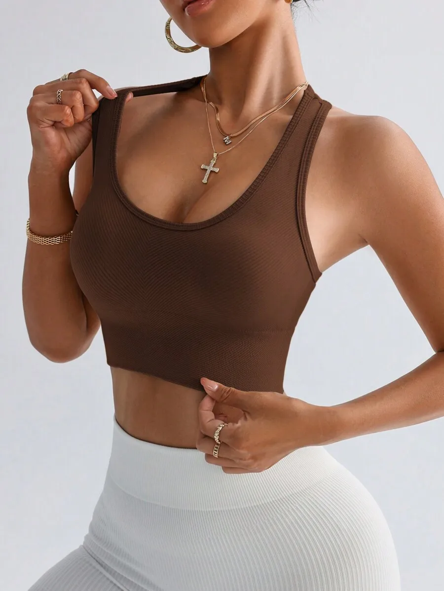 Easithlete Solid Color Racerback Seamless Sports Bra, Brown Top
