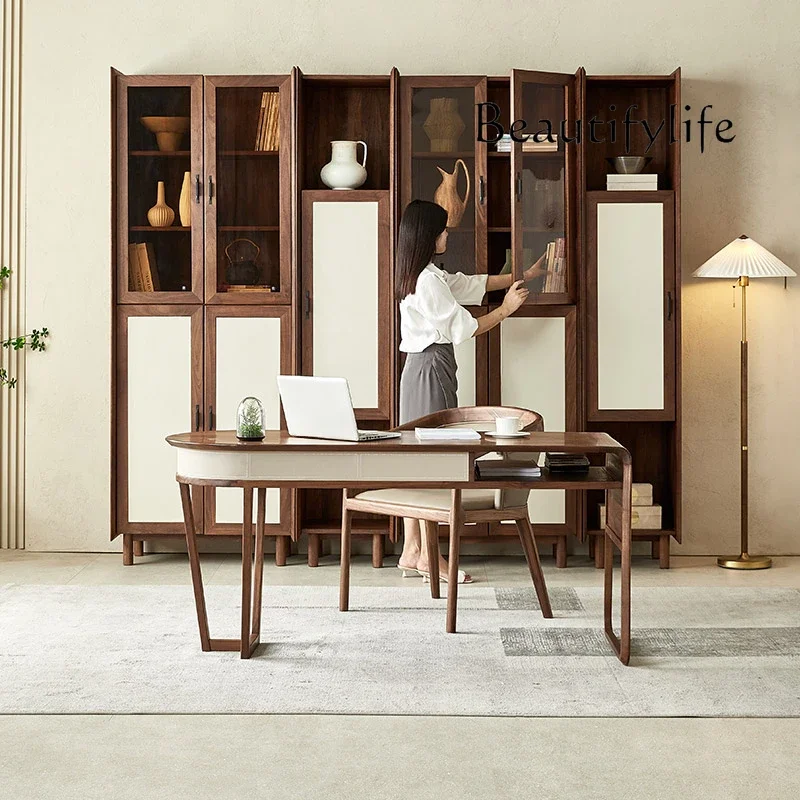 مكتب من الخشب الصلب من خشب الجوز الأسود في أمريكا الشمالية، مكتب كتابة مخصص للدراسة المنزلية من الجلد الإيطالي #4