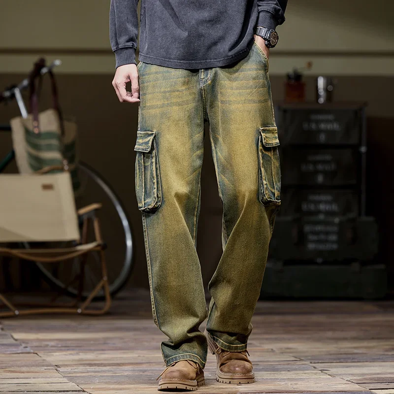 

Military Style Men's Outdoor Multi Pocket Jeans 100% Pure Cotton American Straight Leg Wide Leg Pants Plus Size Jeans 40 42 44