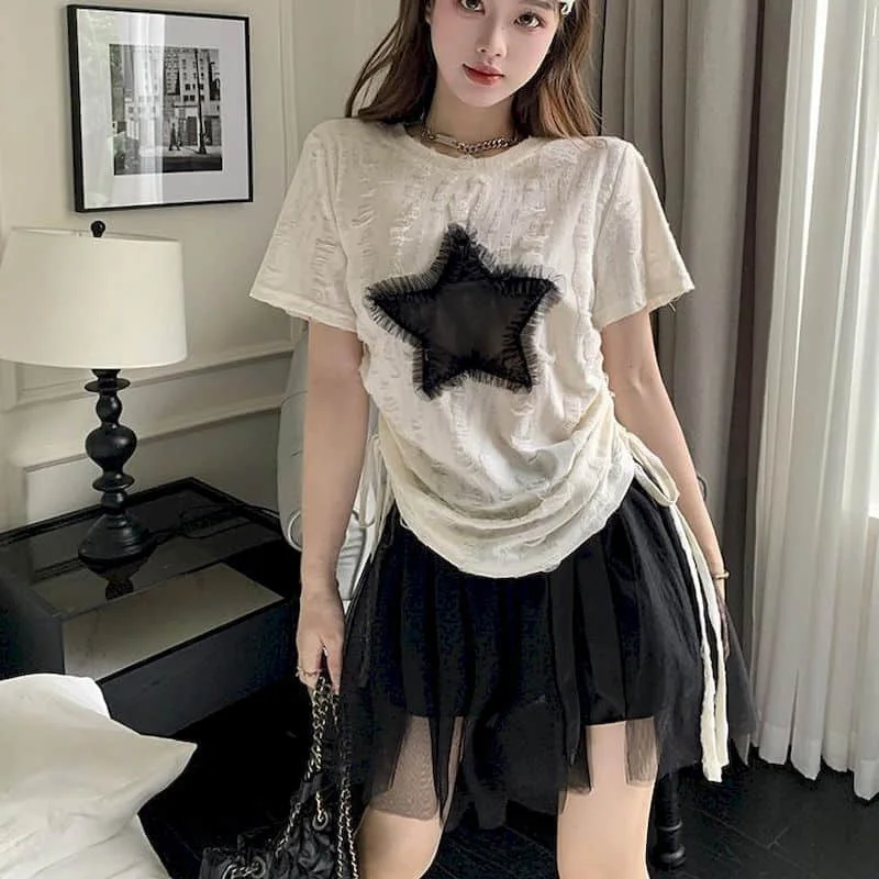 Dress Sets Casual Summer New  Korean Style Fashion Sweet Star Short Sleeve T-shirt and Gauze Skirts Two Piece Sets Women Outfits