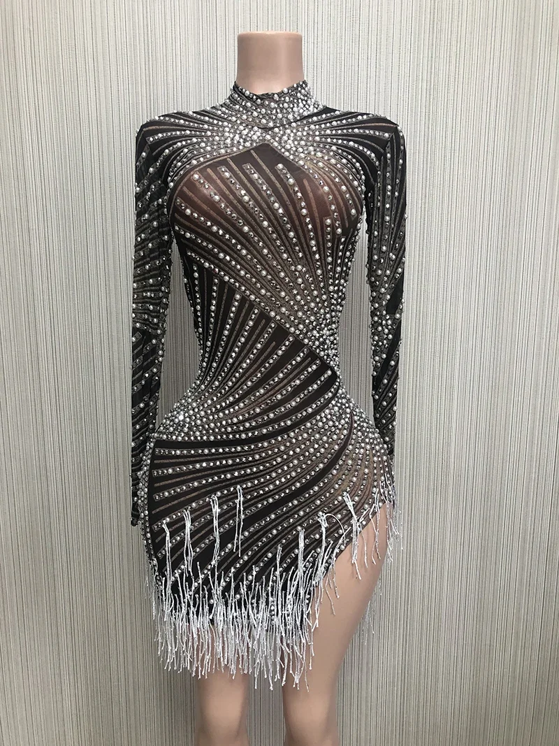 Sexy pérola strass borlas pacote apertado hip vestido senhora aniversário baile de formatura noite franjas vestidos cantor anfitrião boate traje