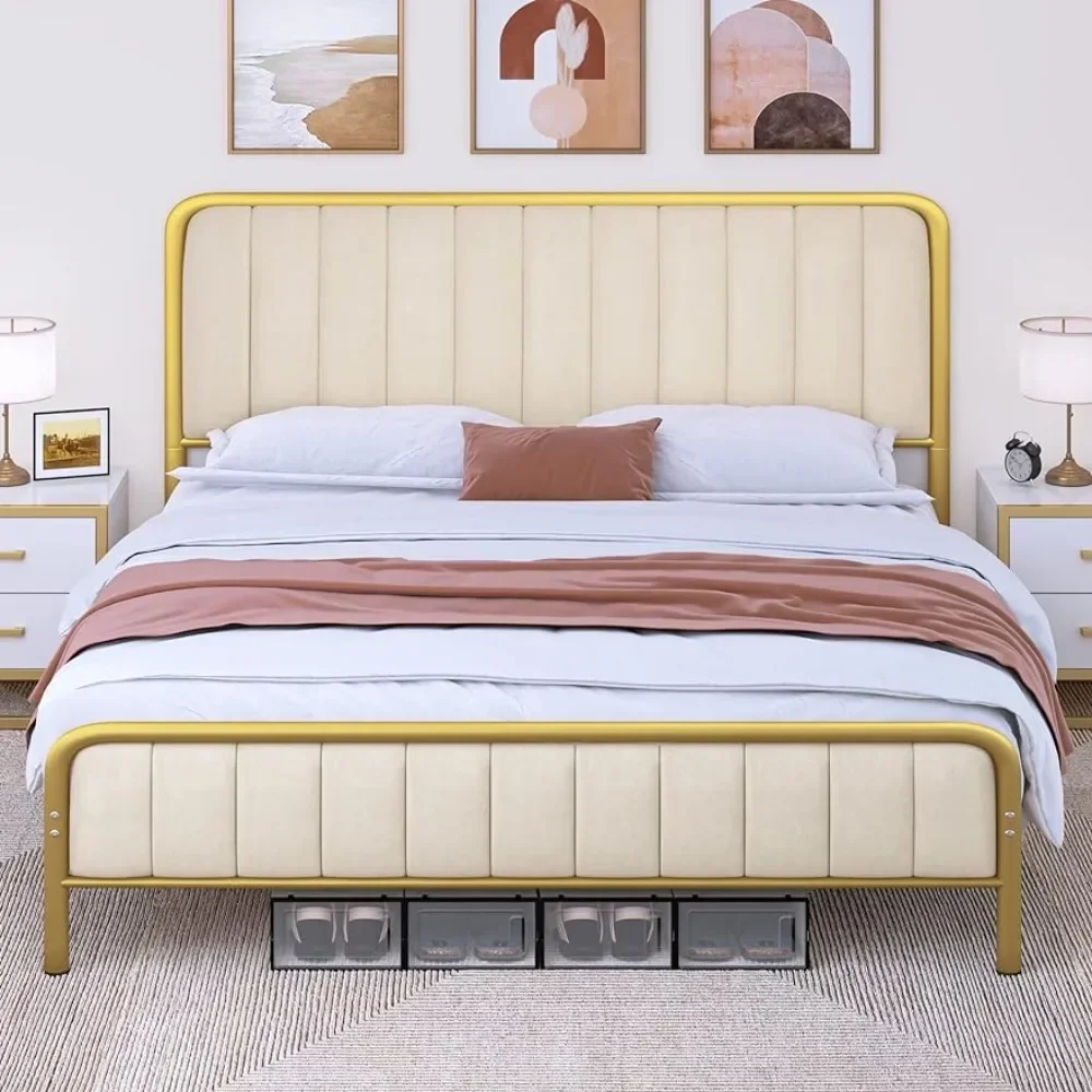 

Queen Size Bed Frame, Velvet Bed Frame with Upholstered Headboard, Strong Metal Slats Support Platform Bed, No Box Spring Needed