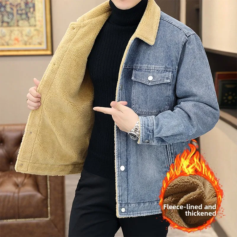 

Новинка 2023 года, мужская бархатная зимняя джинсовая куртка на подкладке с воротником-стойкой, рабочая одежда, молодежное теплое хлопковое пальто