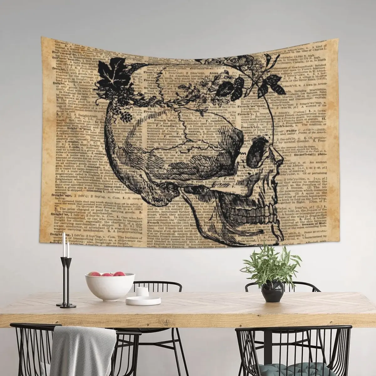

Skull in Floral Wreath Ink Drawing Dictionary Art Tapestry Carpet On The Wall Room Aesthetic Decor Decor Home Tapestry