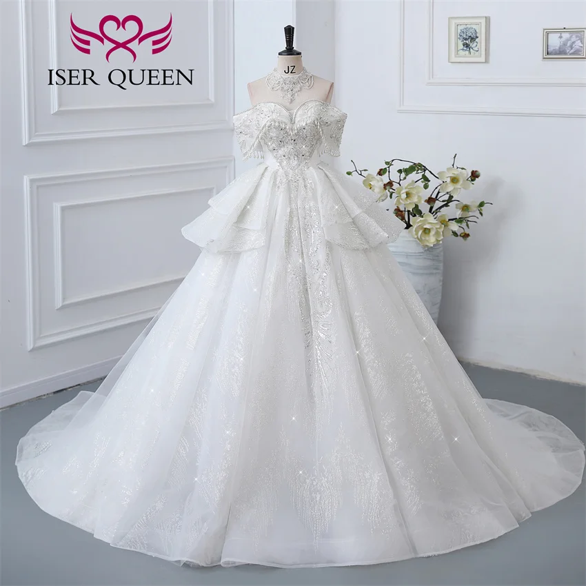 Customized Detechable Necklace Europe Luxury Wedding Dresses 2024 Ivory And Champage Gilter Tulle  Bride Dress Women WX0371