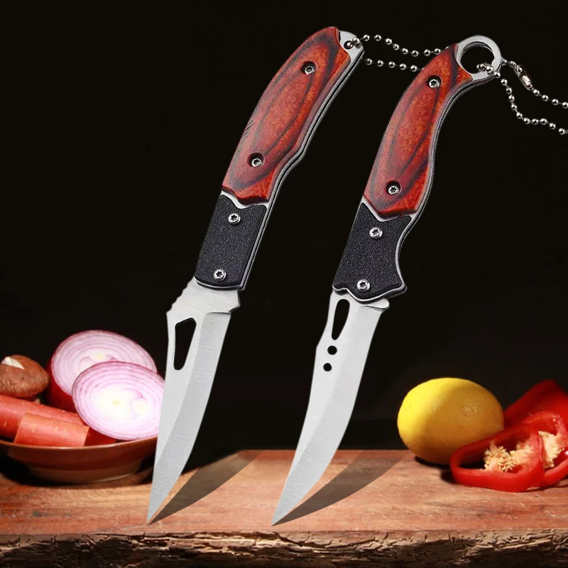 Kitchen Stainless Steel Fruit Knife Sharp Pocket Folding Knife with Keychain Wood Handle Paring Knives Cutting Kitchen Tool