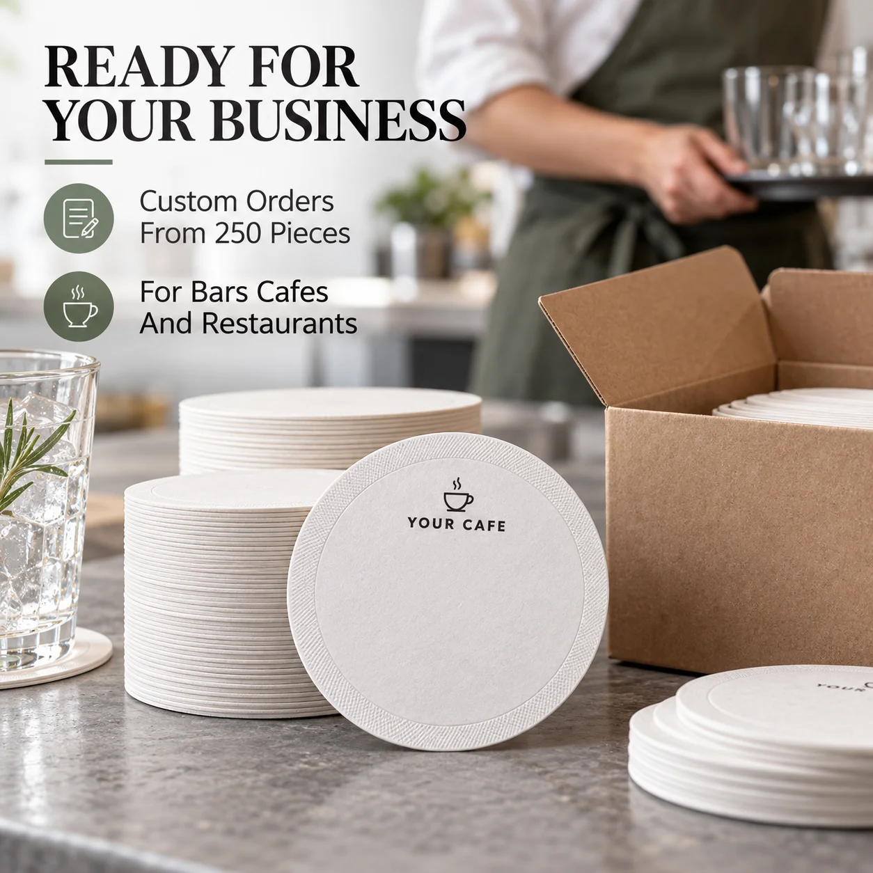 Custom Disposable Paper Coasters 250pcs Minimum Logo Printing For Bars Cafes Restaurants Bulk Personalized Business Event Gifts