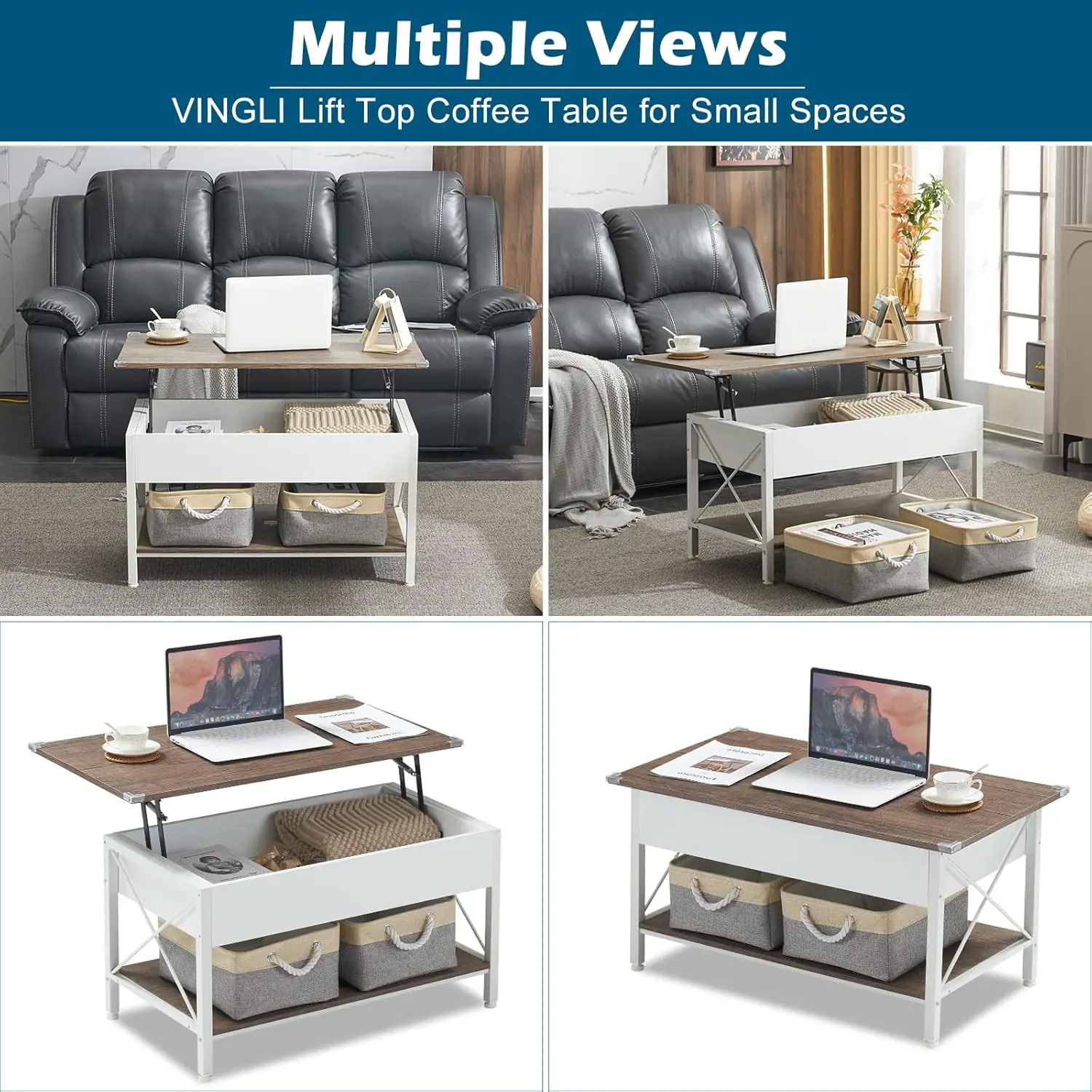 Lift Top Coffee Table with Free Cloth Storage Bins, White Walnut Framhouse Coffee Table for Living Room, Small Modern Coffee