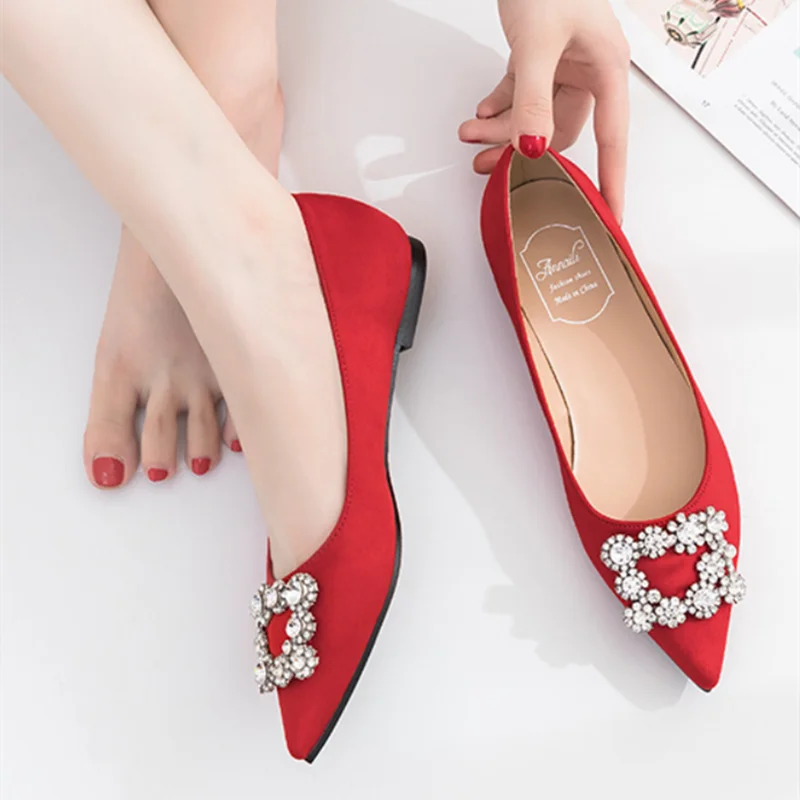 Cinderella Snow Crystal Buckle Wedding Shoes In Yellow Red Royal Blue Pointy Toe Flock Bride Flats For Dress 2024 New Arrivals