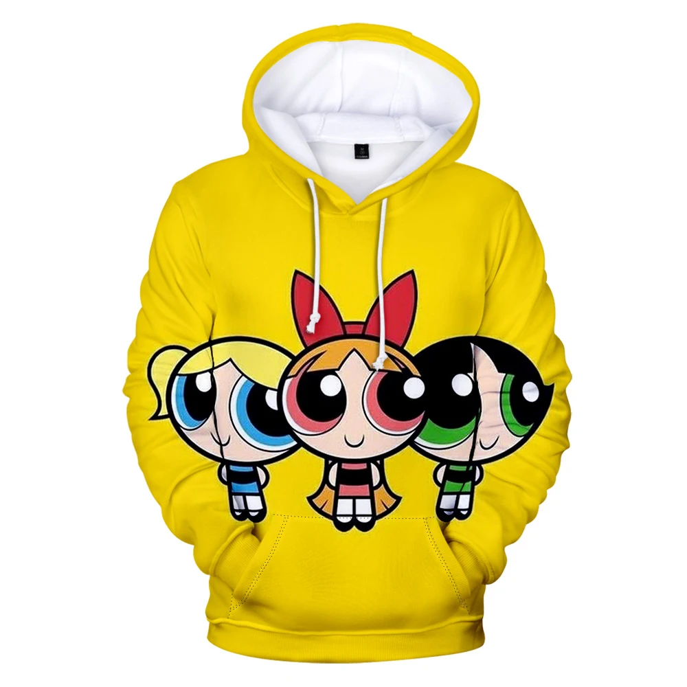 Sweat à capuche Anime Powerpuff pour hommes et femmes, pulls Harajujku, sweat-shirt mignon, vêtements Powerpuff pour enfants, Kawaii, printemps,