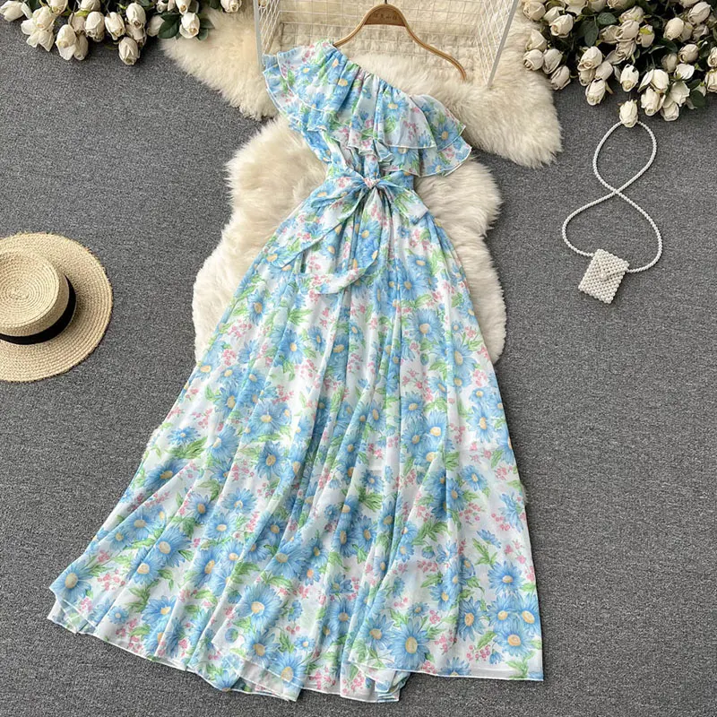 Summer Holiday Party Boho Maxi Dress Women\'s Off Shoulder Chiffon Floral Print Ruffles Loose Elegant Sexy Long Dress Women