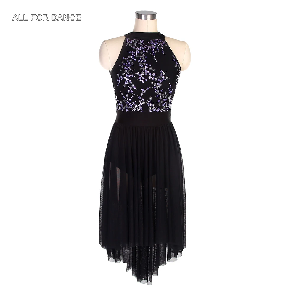 

20191 Halter Neck Lyrical and Contemporary Dance Costume Black Spandex and Sequin Bodice Long Mesh Dress for Ballet Dancing