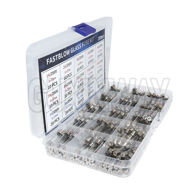 200 قطعة ضربة سريعة الزجاج الصمامات مجموعة متنوعة 15 قيم السيارات الصمامات تشكيلة كيت 250 فولت 5x20 مللي متر و 6x30 مللي متر أنبوب زجاجي الصمامات
