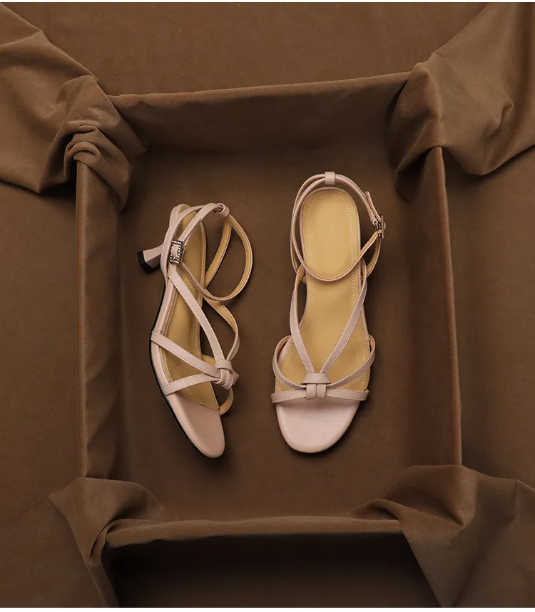 

SHOEBOX Real leather exposed toe style mid heeled sandals for women's summer collection, paired with skirts, slim heels