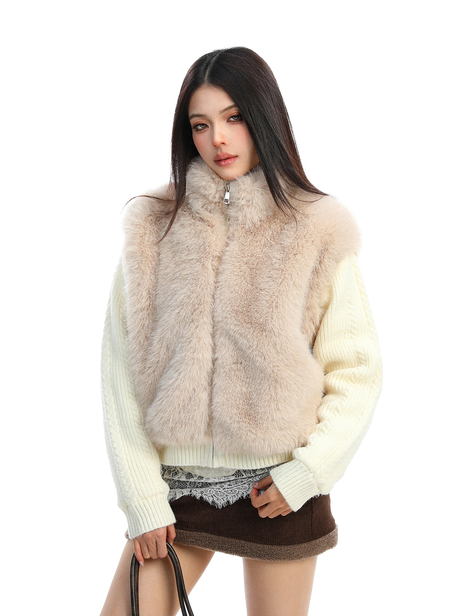 

Корейская утепленная зимняя теплая вязаная куртка-жилет с имитацией меха, женская, экологичная, короткая