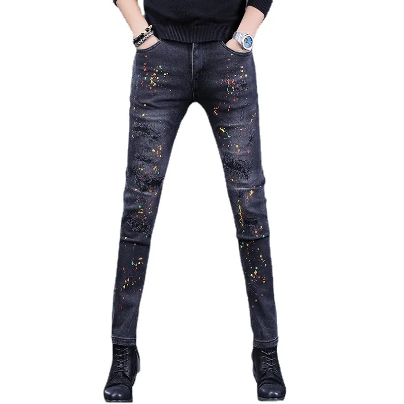 Dots Printed Ripped Black Jeans Men Autumn Gray Black Slim Fit Straight Pants Streetwear Casual Stretch Denim Trousers