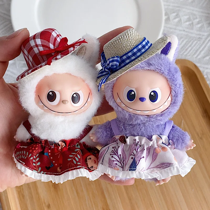 الجيل الرابع Mini Labubu سلسلة رمز القلب غطاء محرك السيارة الأحمر Cottagecore مجموعة، فستان رعوي مع غطاء محرك السيارة المطابقة لملابس دمى الفينيل 10 سنتيمتر