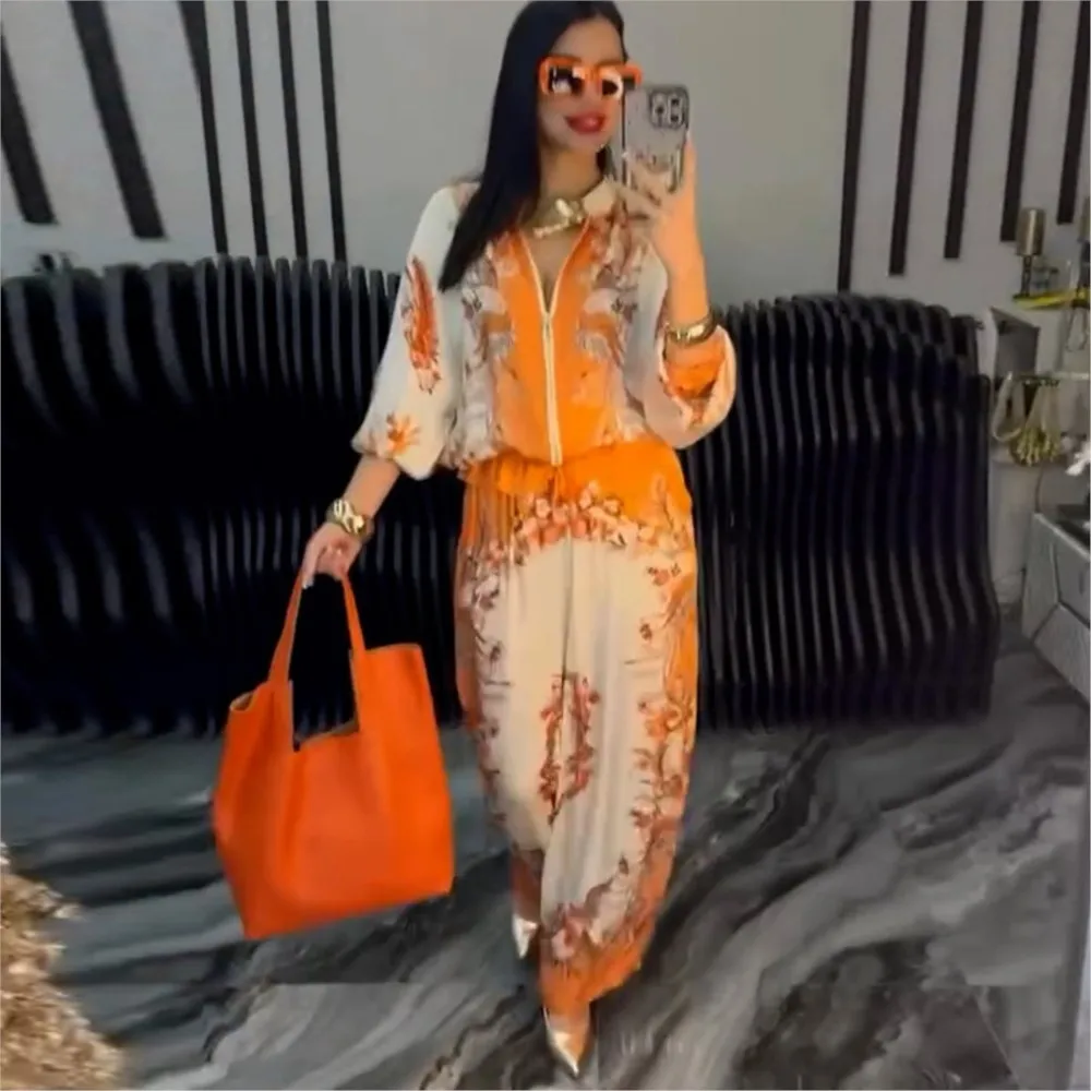 Pantaloni lunghi da donna con cerniera e colletto rialzato con stampa Set da 2 pezzi Giacca da baseball Set di pantaloni lunghi a gamba larga con lacci e vita alla moda