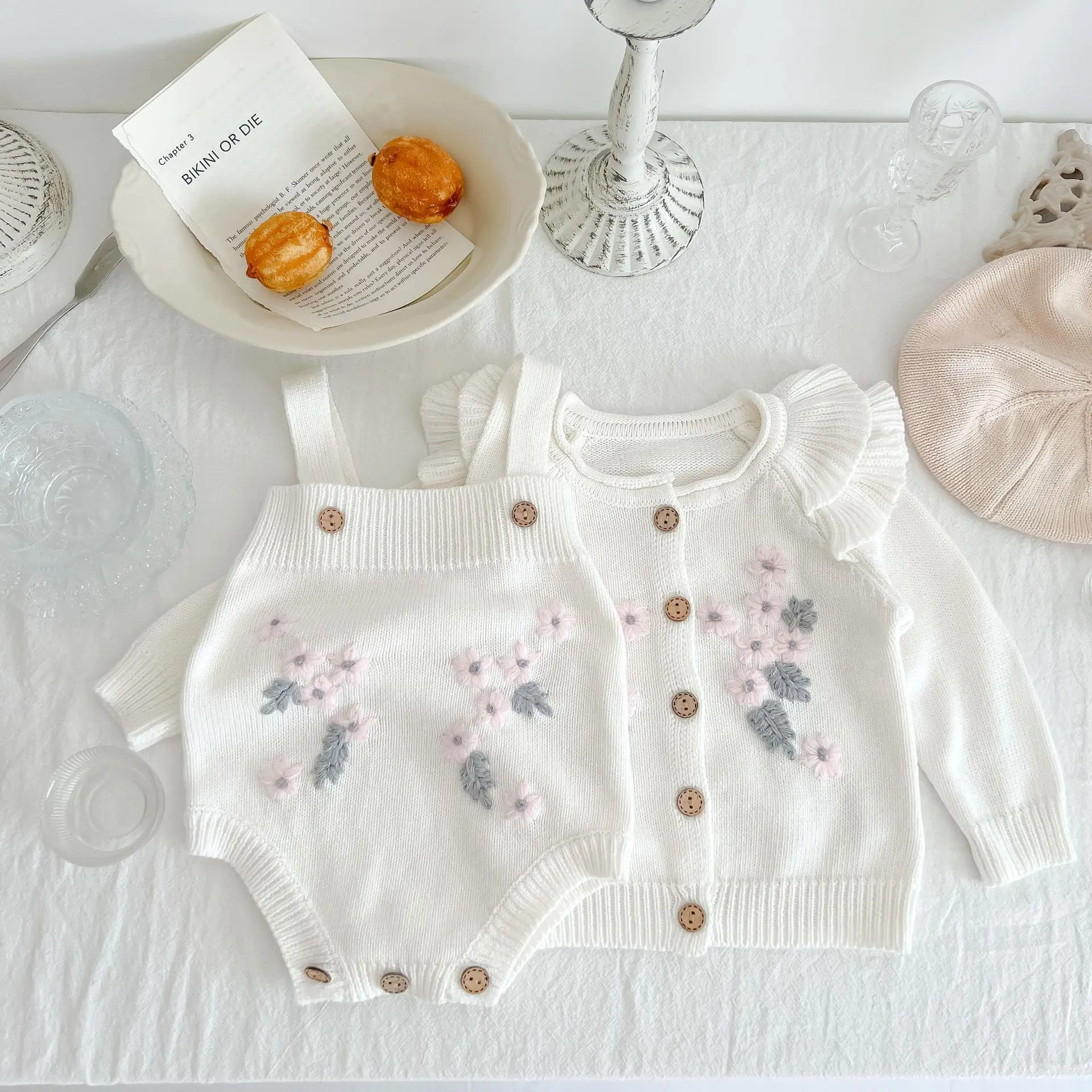 2psc Winter Newborn Infant Baby Girls Romper + Embroidery Flowers Coat Rompers Kids knitting Onepiece Fashion Baby Clothing