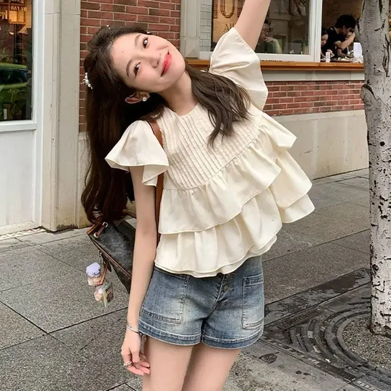 

Femme Summer Blouse Women Fashion Ruffles Solid Color O-neck Short Sleeve Shirt Clothing Fashion Sweet Young Style Loose Tops