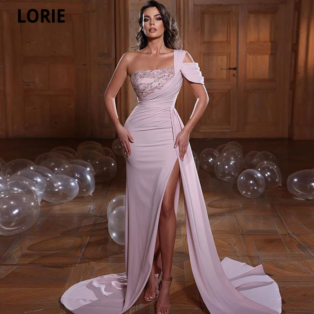 

LORIE Vintage Pink Mermaid Prom Dresses 2022 Sequined One Sleeve Sequins Side Split Satin Robes De Soirée Long Celebrity Dresses