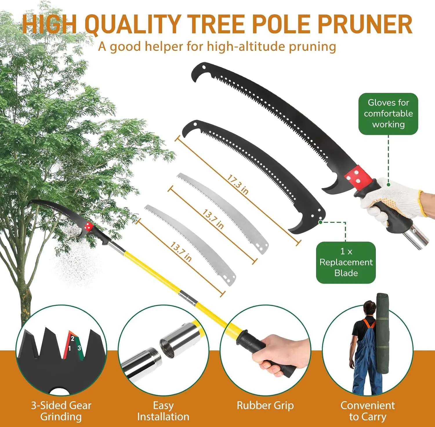 Manual Pole Saw,26 Feet Extendable Tree Pruner with Knives and Storage Pocket,Sharp Steel Blade, Scissors High Branches Trimming