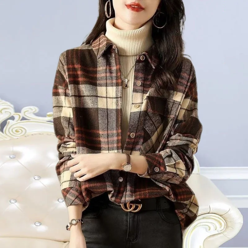 2023 Autumn/Winter New Checkered Shirt with Brushed and Thickened Foreign Style Splicing Temperament Office Lady Women\'s Shirt