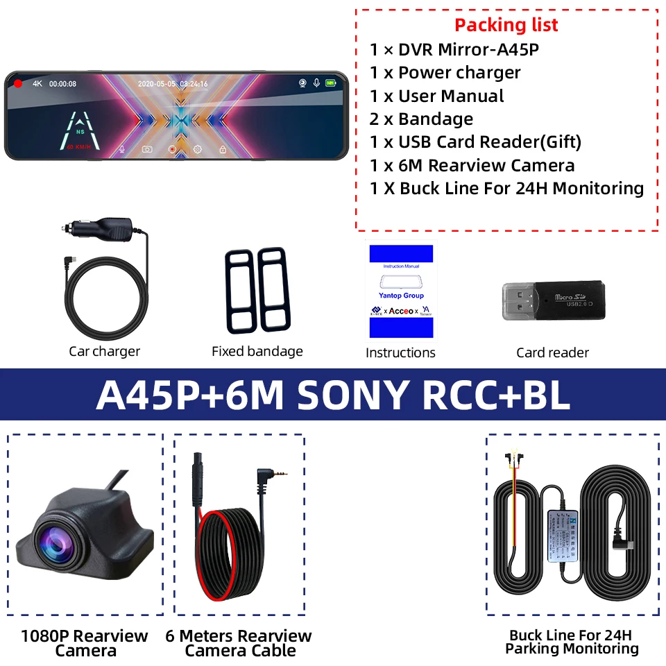 4K Achteruitkijkspiegel Rijden Recorder HD Nachtzicht Loop Recording Dash Cam Optioneel Achteruitrijcamera Achteruitrijcamera Auto DVR