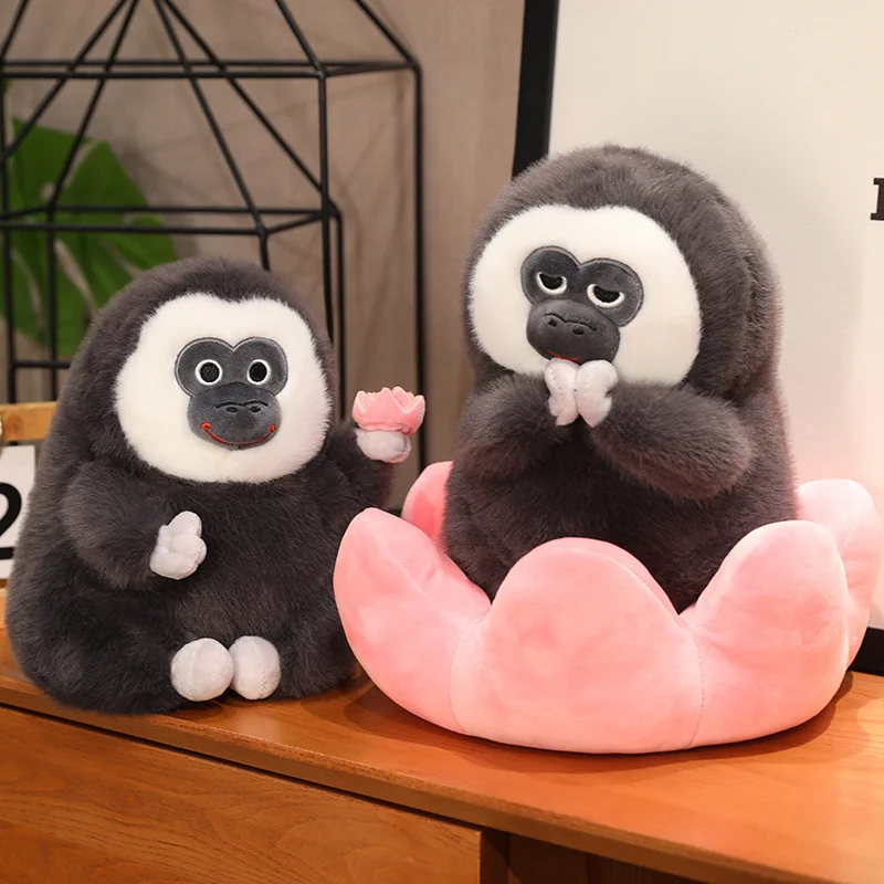 Kawaii Animal Monkey Sit On Flower Plush Toys Cartoon Saki Stuffed Soft Pithecia Pillow Birthday Gifts