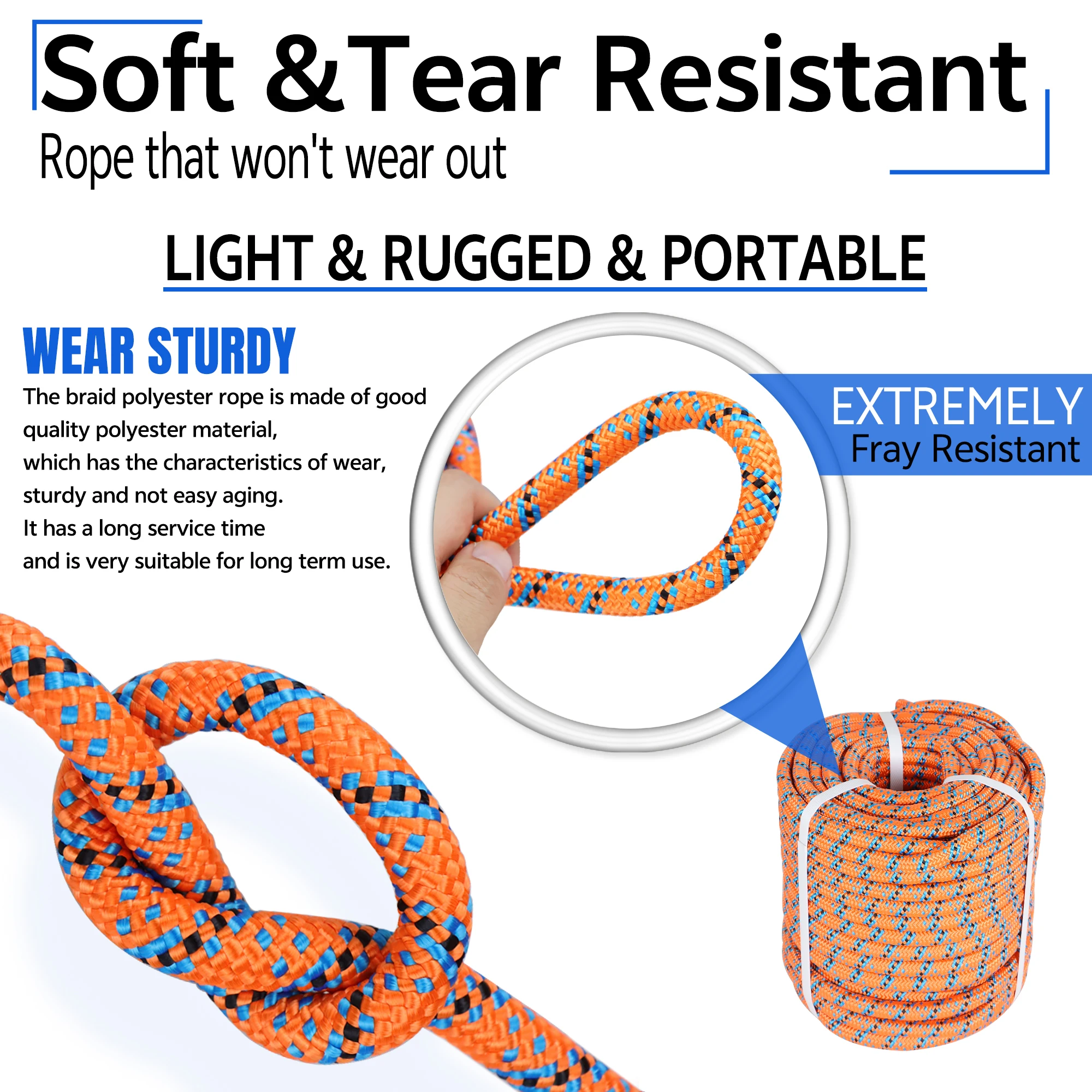 1/2 Inch 32 Strand Braided Polyester Rope 150Ft Orange-Blue-Black-for Tree Climbing Rigging, Arborist
