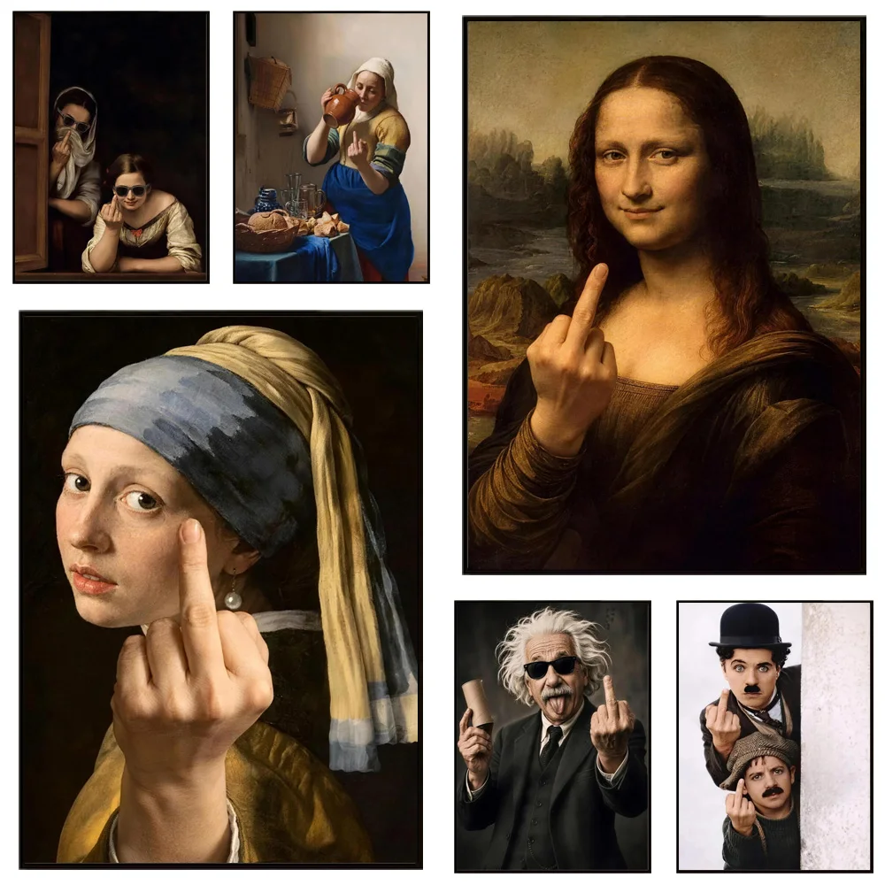 1pc frameless Mona Lisa Middle Finger Renaissance Parody Wall Art Prints Funny Famous Painting Movie Prank Canvas Poster Decorat