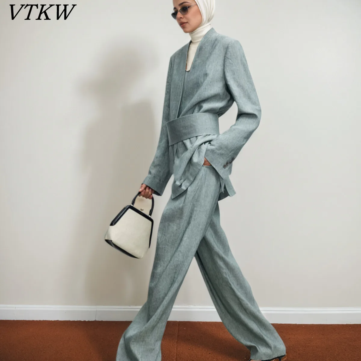 

kwtx Women's Collarless Blazer Wide Leg Pants Suit Set Belted Hidden Buttons Pockets Casual Elegant Autumn Solid Color Designer