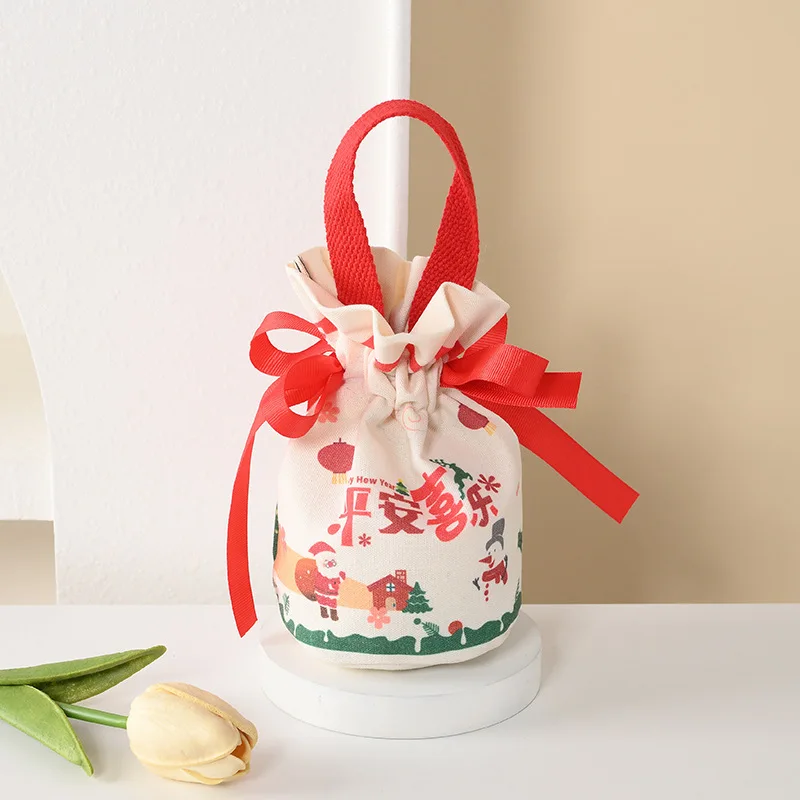 50pcs Christmas Eve Canvas Gift Drawstring Bag Santa Claus Christmas Tree Pattern Apple Gift Decorative Bag Happy