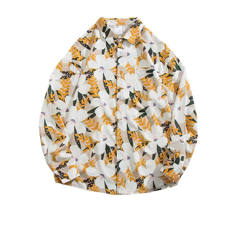 쿠바산 거친 면 민족 스타일 긴 소매 셔츠 봄과 가을 미국 남녀 기하학적 패턴 버튼 코트 셔츠