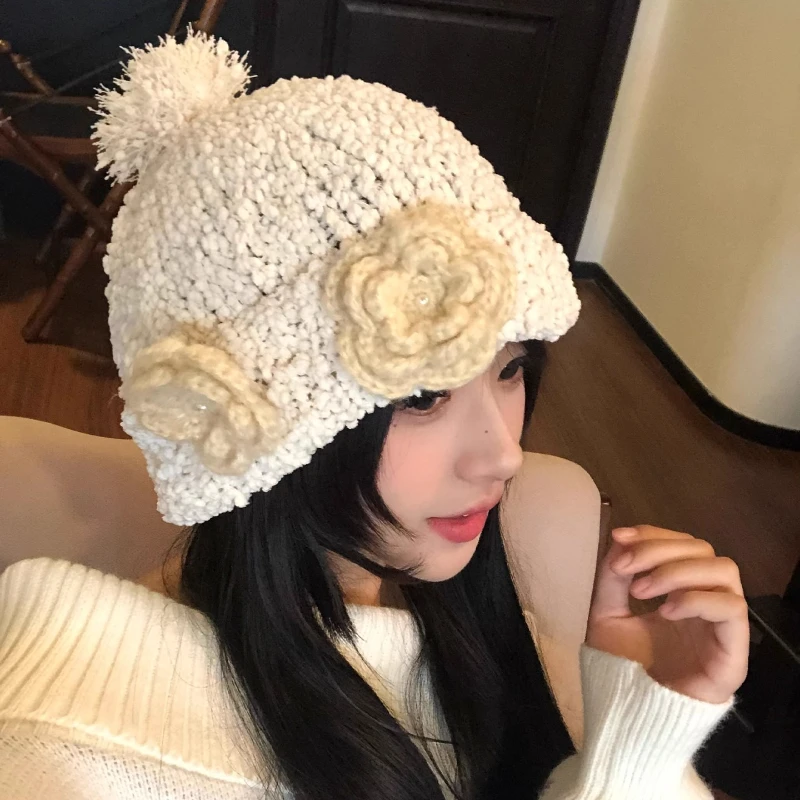 

Японские свободные мягкие вязаные шапочки с 3D цветочным дизайном для женщин, зимние путешествия, милые и универсальные персонализированные пуловеры
