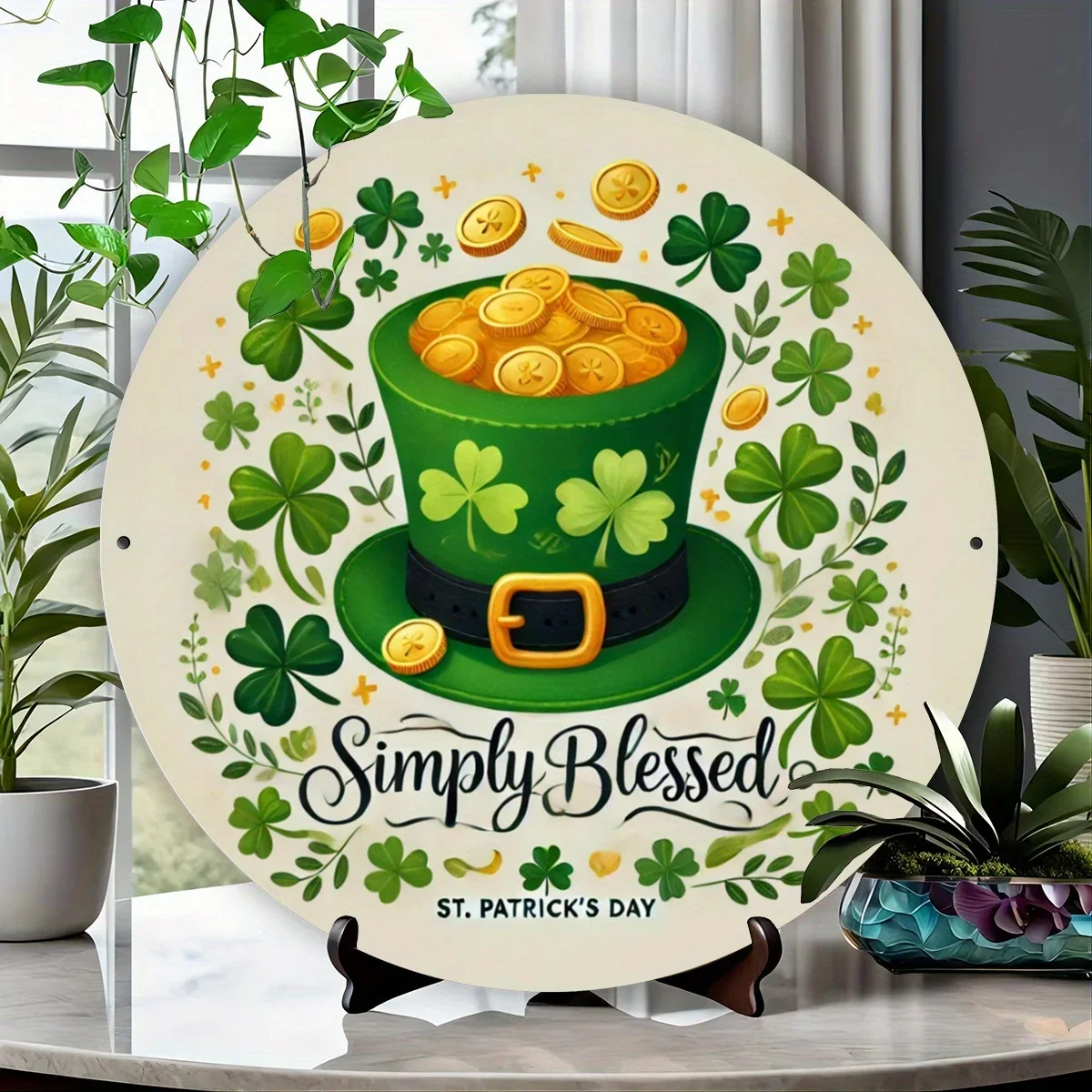 St. Patrick's Day Metal Wall Decor, Iron Round 8-Inch Sign with Leprechaun Hat & Shamrock, Simply Blessed Garden Art