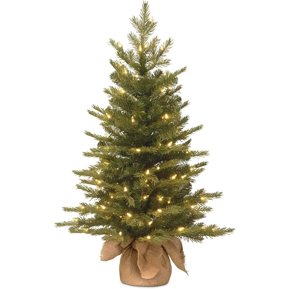 

'Feel Real' Artificial Mini Christmas Tree, Green, Nordic Spruce, White Lights, Includes Burlap Bag Base, 3 Feet